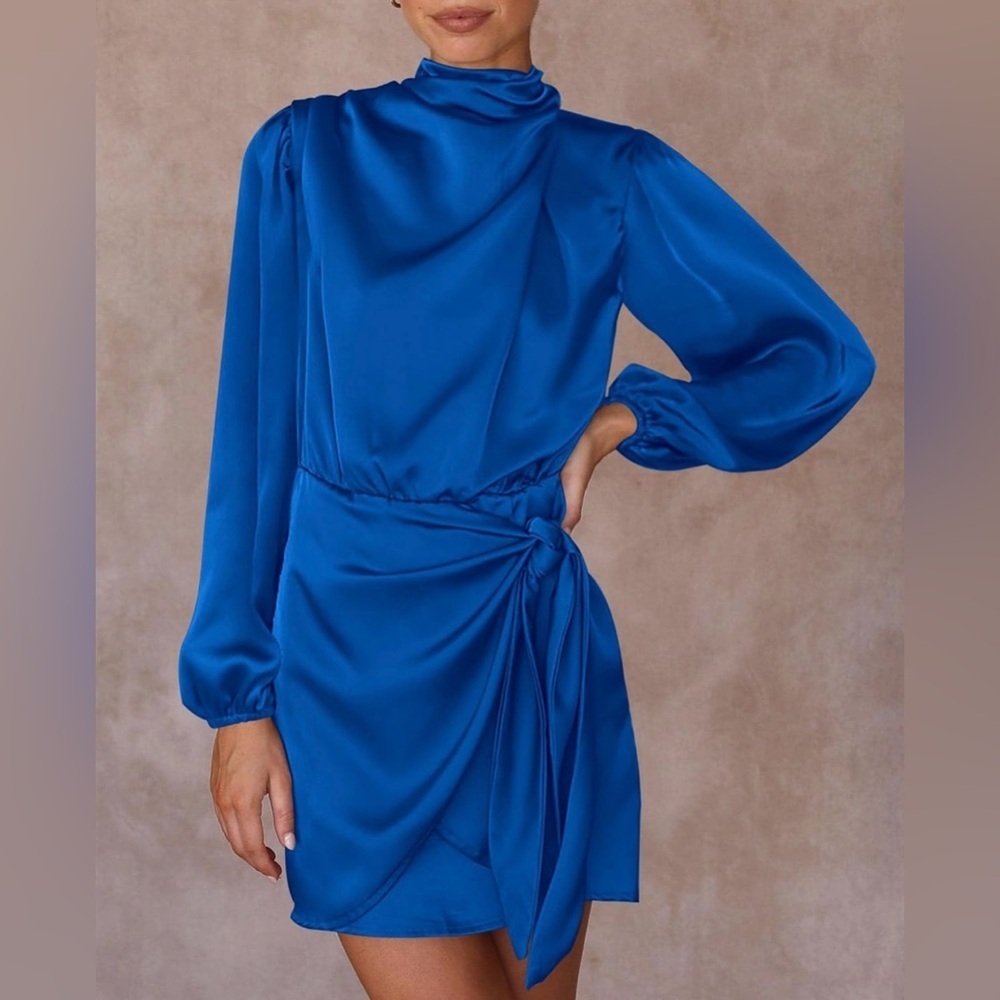 BTFBM Women's Long Sleeve Satin Mock Neck Ruched Tie Waist Large